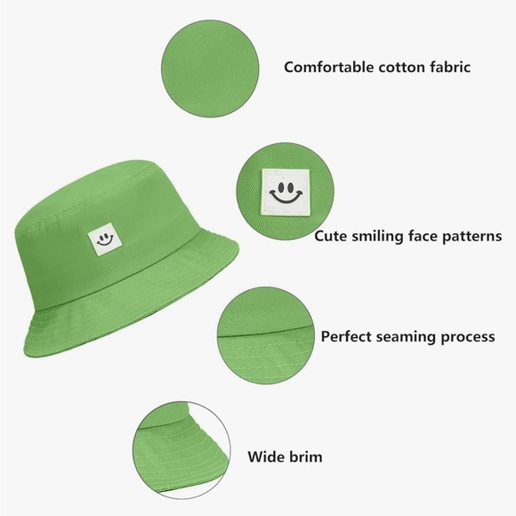 Sun Protection Green Cotton Summer Smiley Bucket Hat NEW Kids S-M Adults - Picture 3 of 6